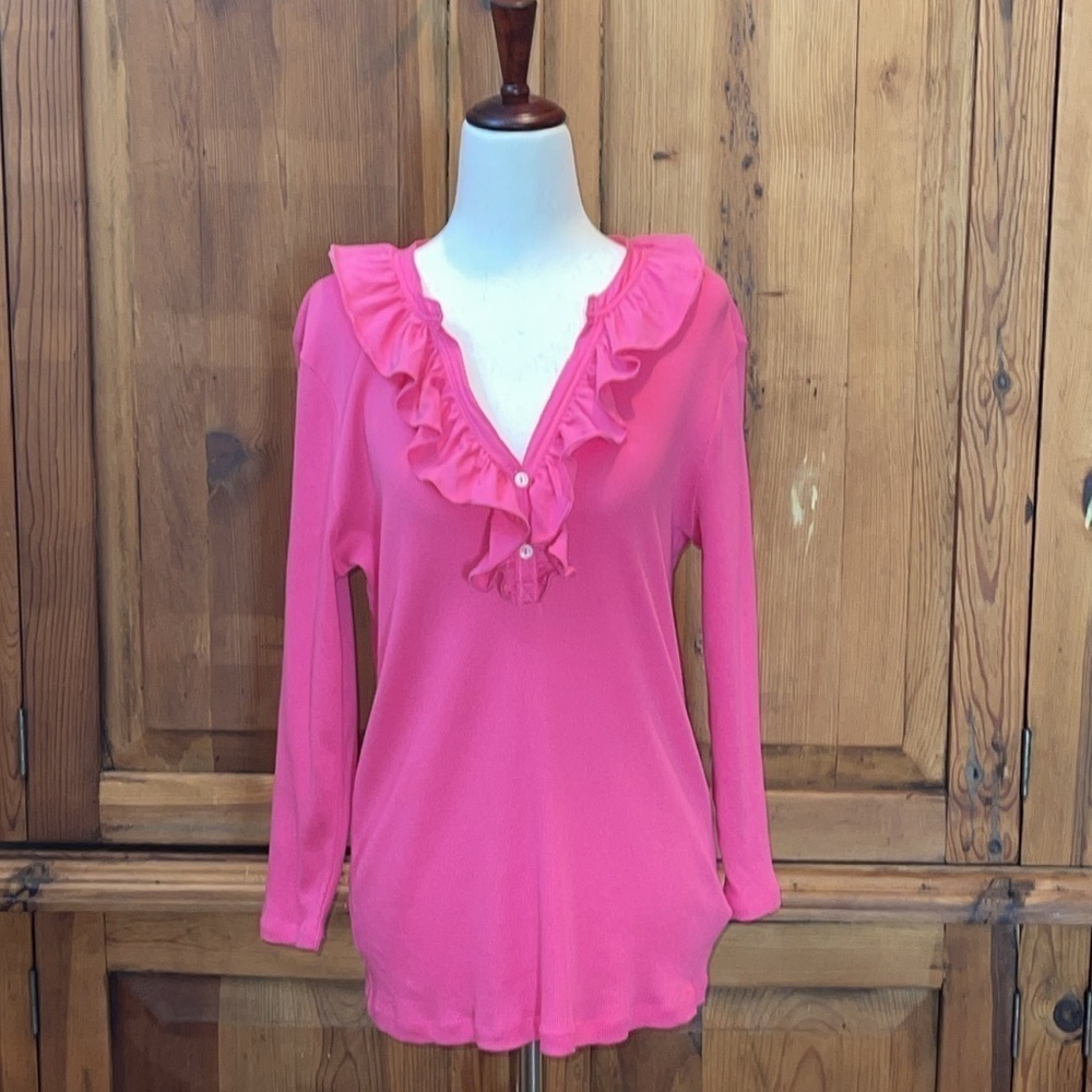 Lauren Ralph Lauren Pink Ruffles V Neck Ribbed Long Sleeve T Shirt Sz. L